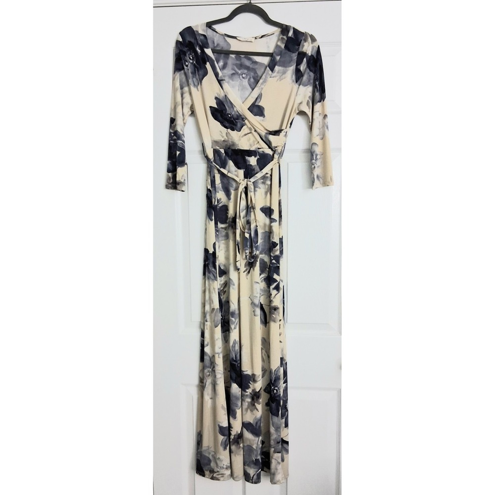 Hello Mia Dress Womens‎ Size M Cream & Blue Floral Belted Maxi V-Neck Pre-owned
